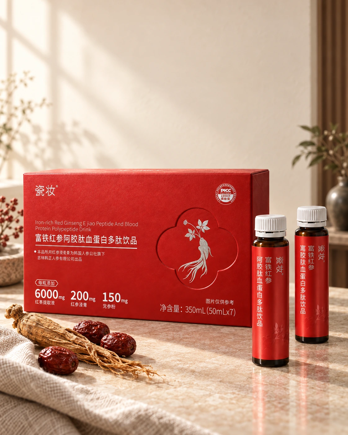 瓷妝紅參阿膠肽飲品包裝盒與瓶裝產品
